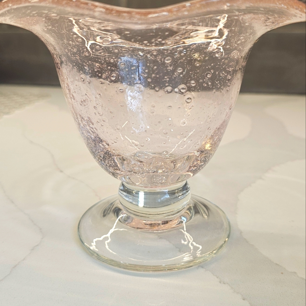 Vintage Pink Art Bubble Glass Vase Compote Scalloped Edge Hand Blown Glass